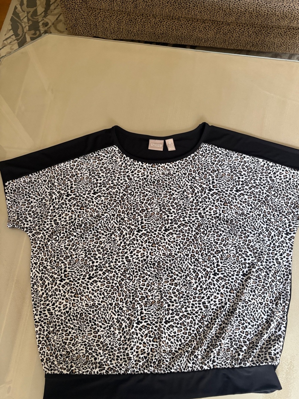 Chico's Black and White Leopard Print Short Sleeve Blouse